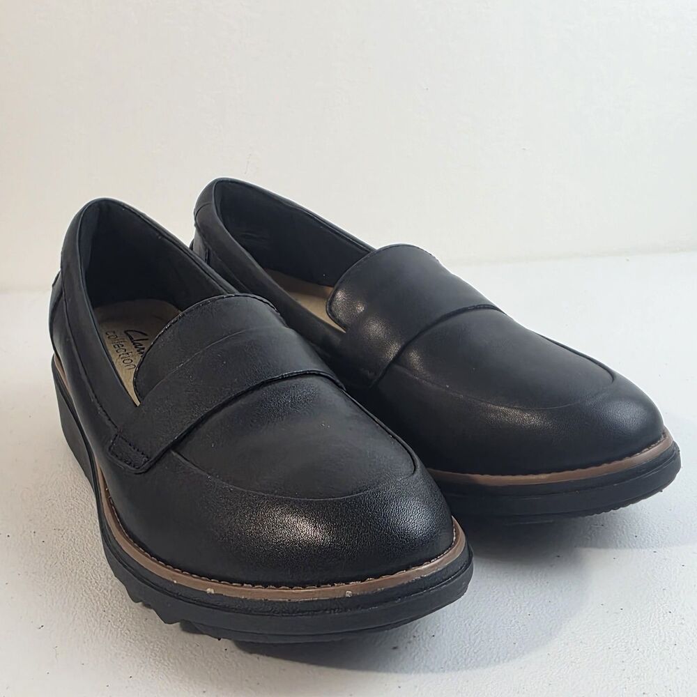 Clarks Collection Sharon Gracie Black Wedge Slip On Loafers Womens Sz 7.5W New - Picture 2 of 9